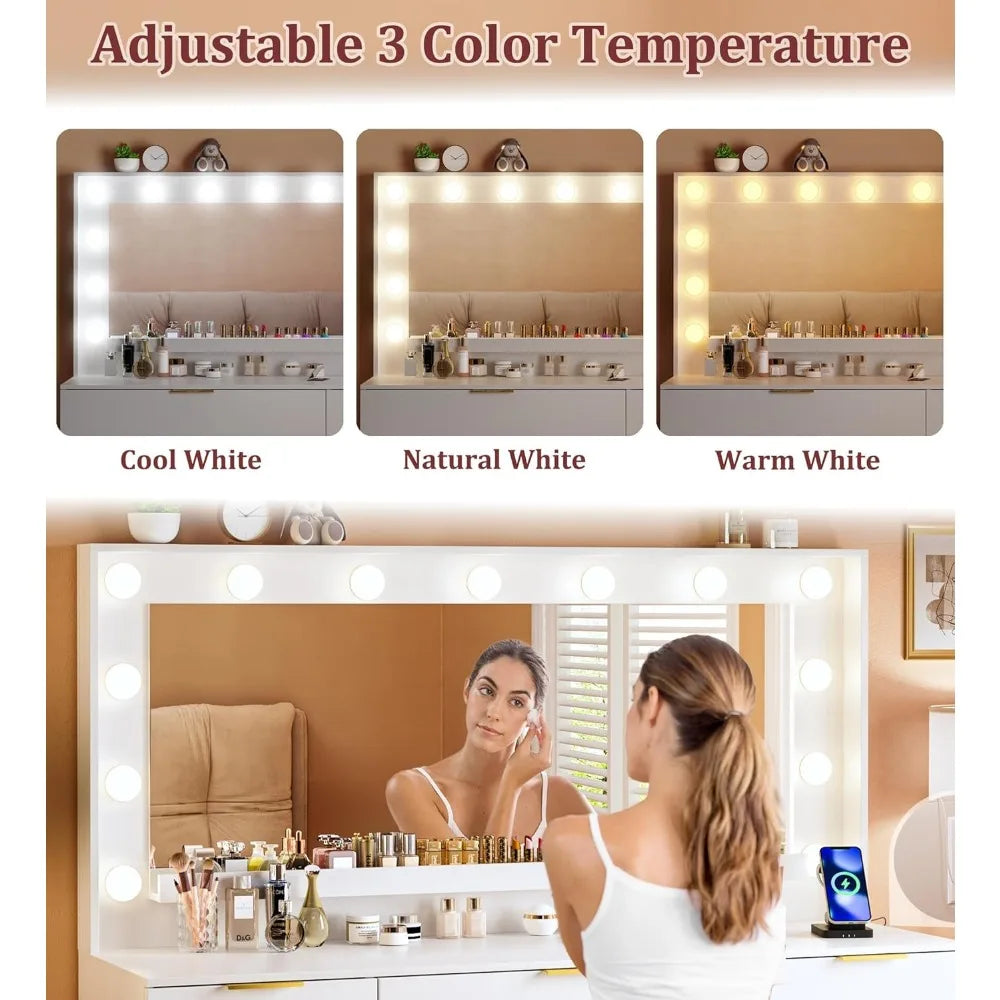 45.3in Makeup Vanity with Large Mirror, Lights, Power Outlet,