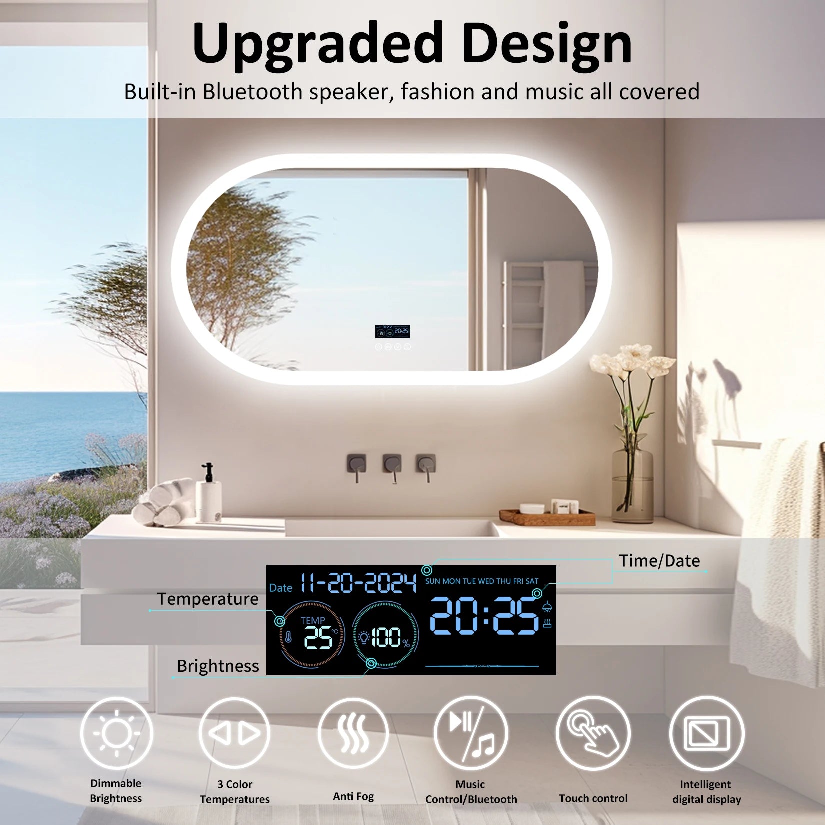 LED Bathroom Mirror, Wall-Mounted with Bluetooth Speaker