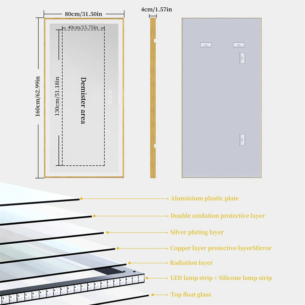 I Large Gold Framed Bathroom Mirror Fogless Smart Touch