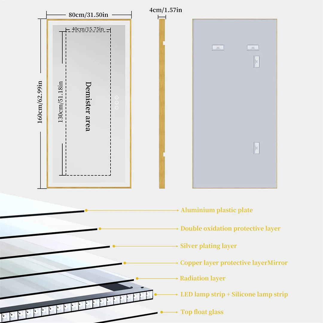I Large Gold Framed Bathroom Mirror Fogless Smart Touch