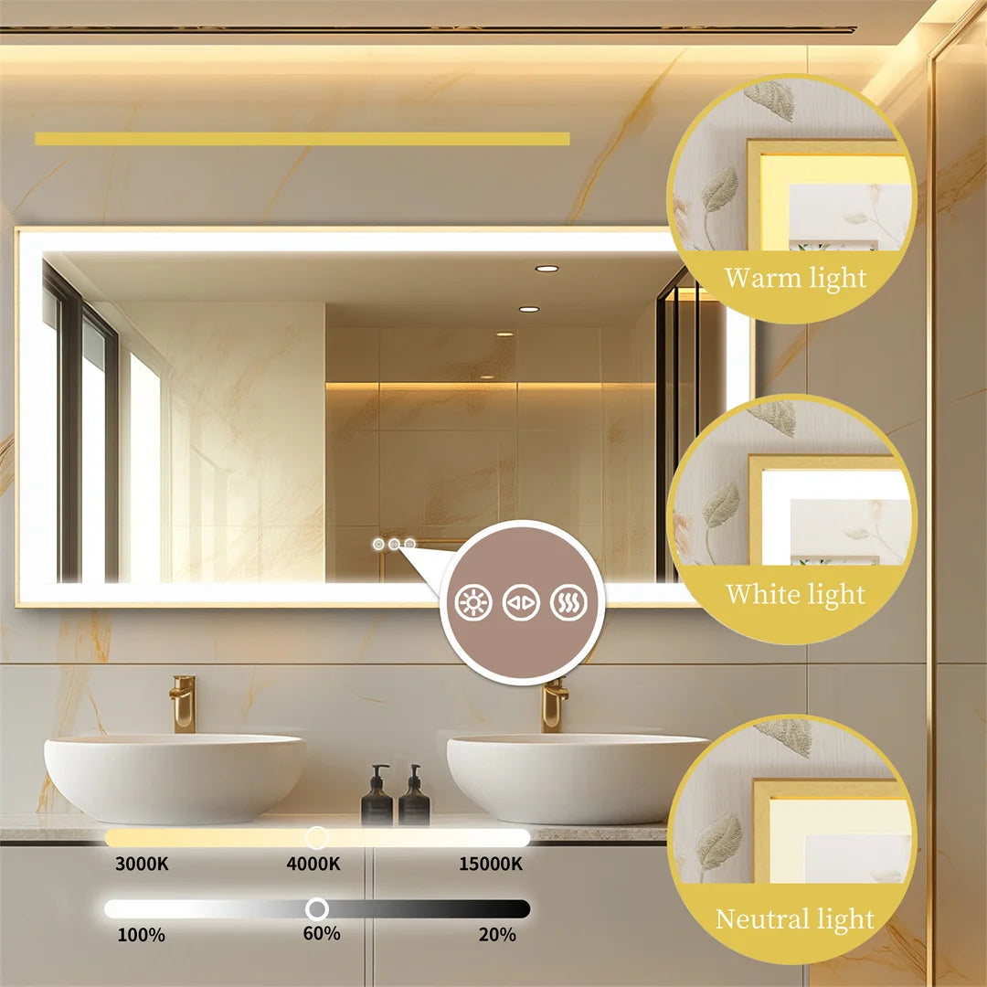 I Large Gold Framed Bathroom Mirror Fogless Smart Touch