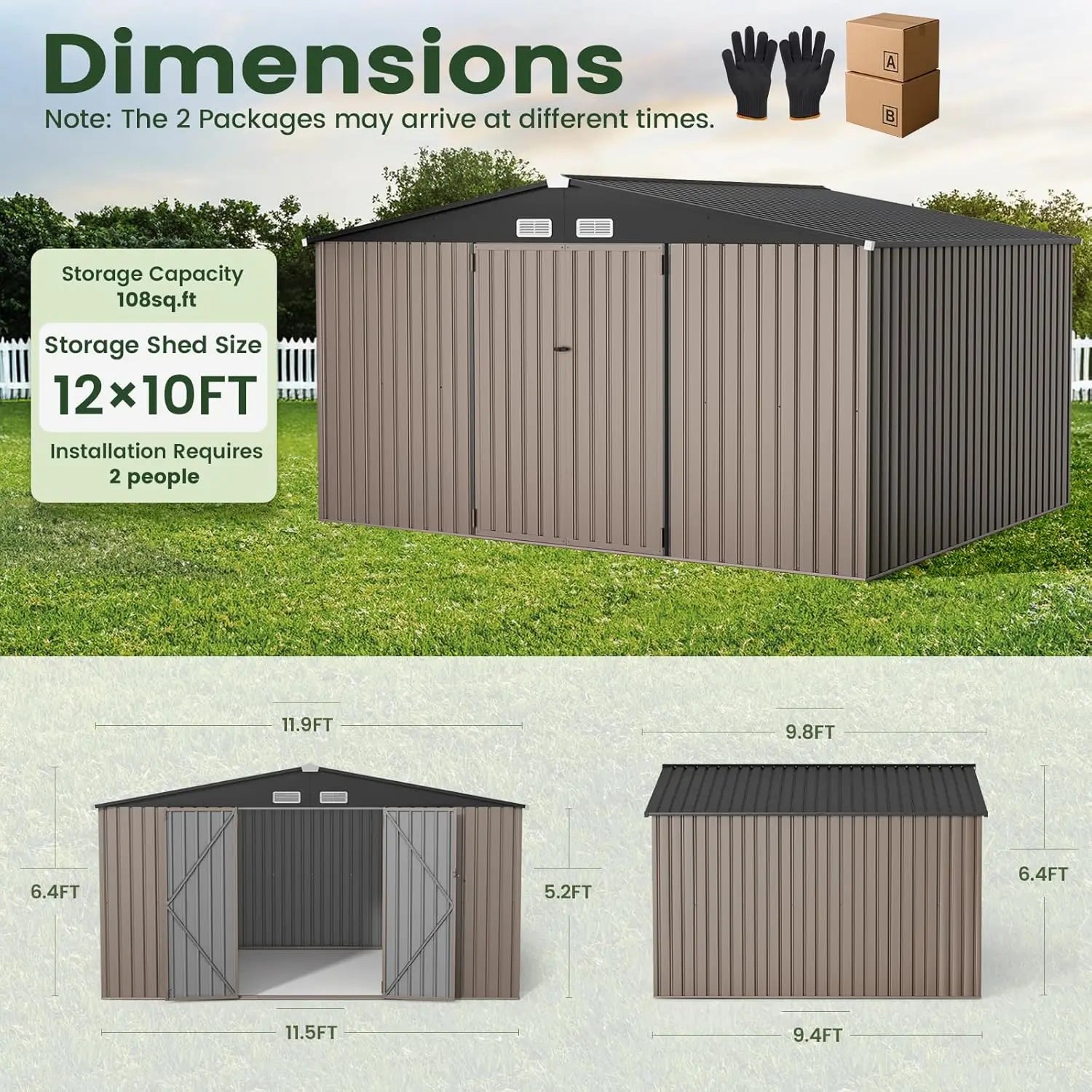 10X12 FT Outdoor Storage Shed, Durable Metal