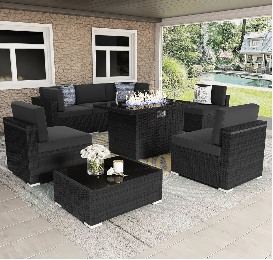 8 Pieces Patio Furniture Set  Gas Fire Pit Table,