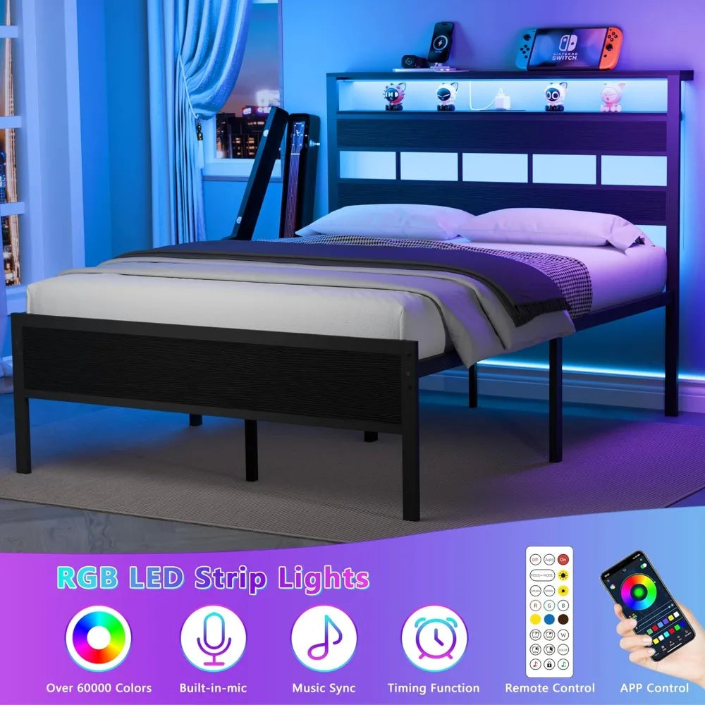 Bed Frame with LED Light and Charging Station