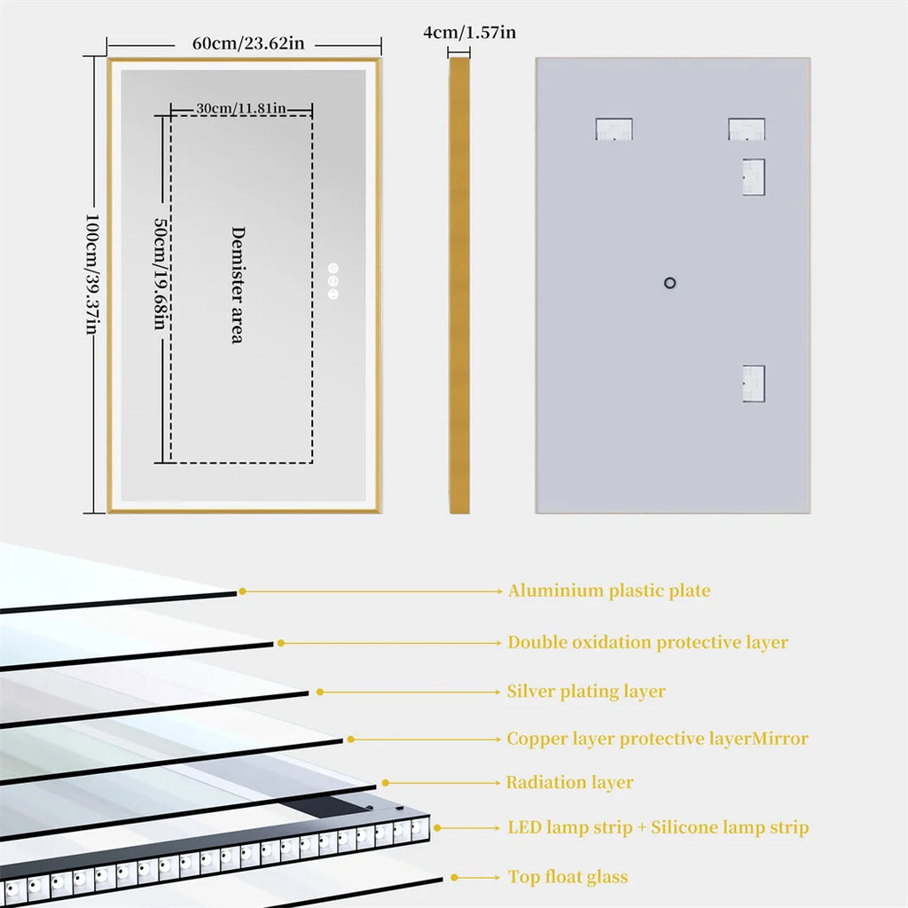 I Large Gold Framed Bathroom Mirror Fogless Smart Touch