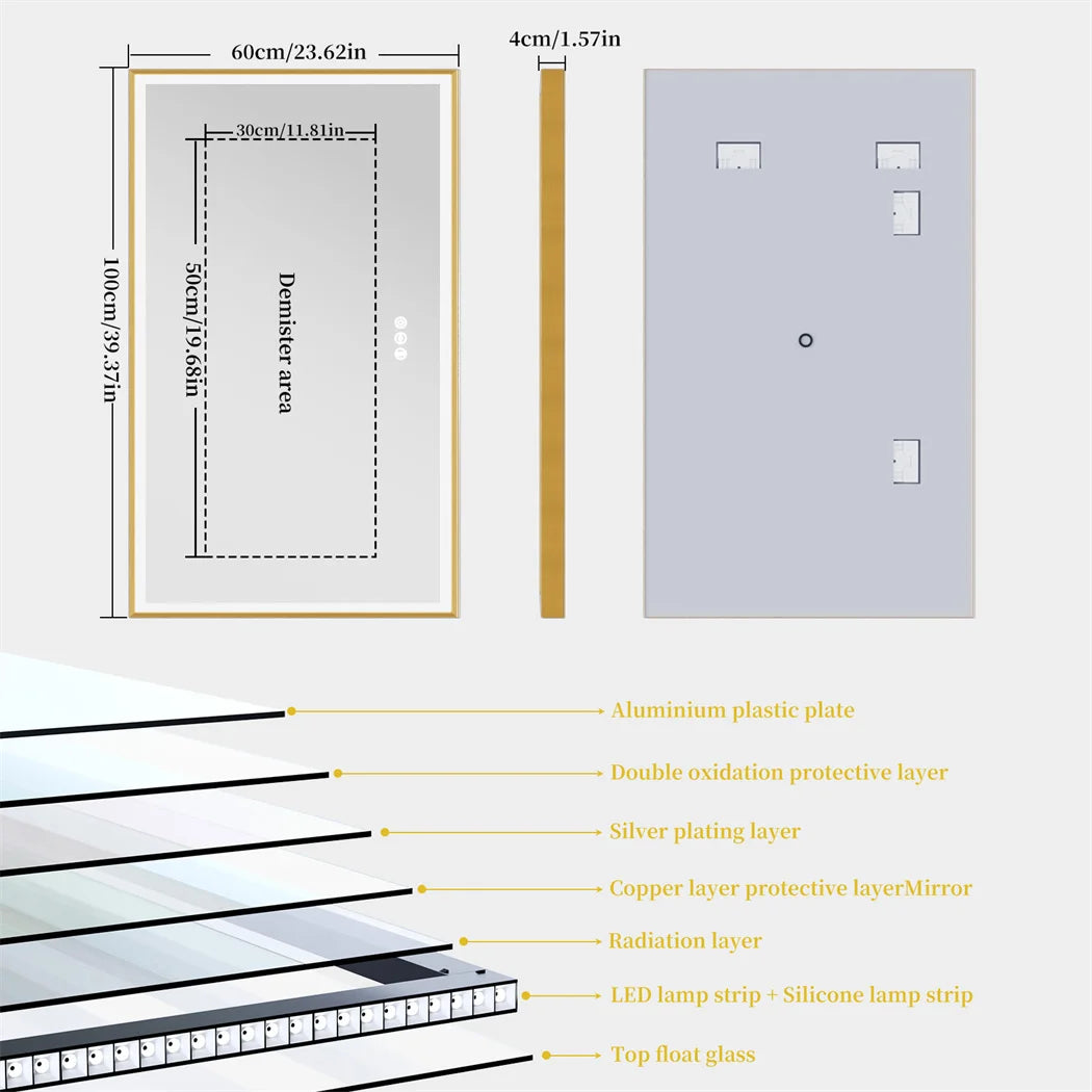 I Large Gold Framed Bathroom Mirror Fogless Smart Touch