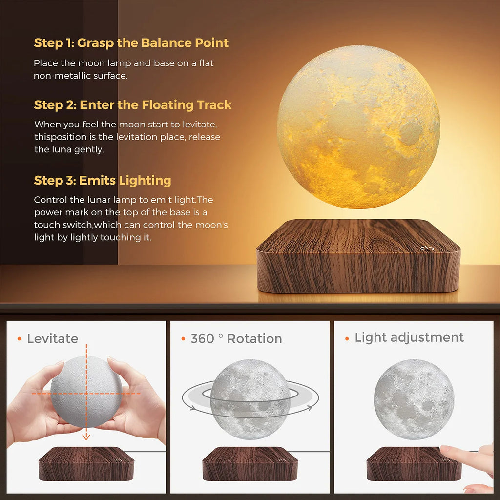 Magnetic Floating Rotating Moon Lamp, 3 Color