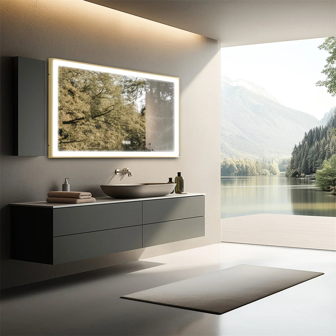 I Large Gold Framed Bathroom Mirror Fogless Smart Touch