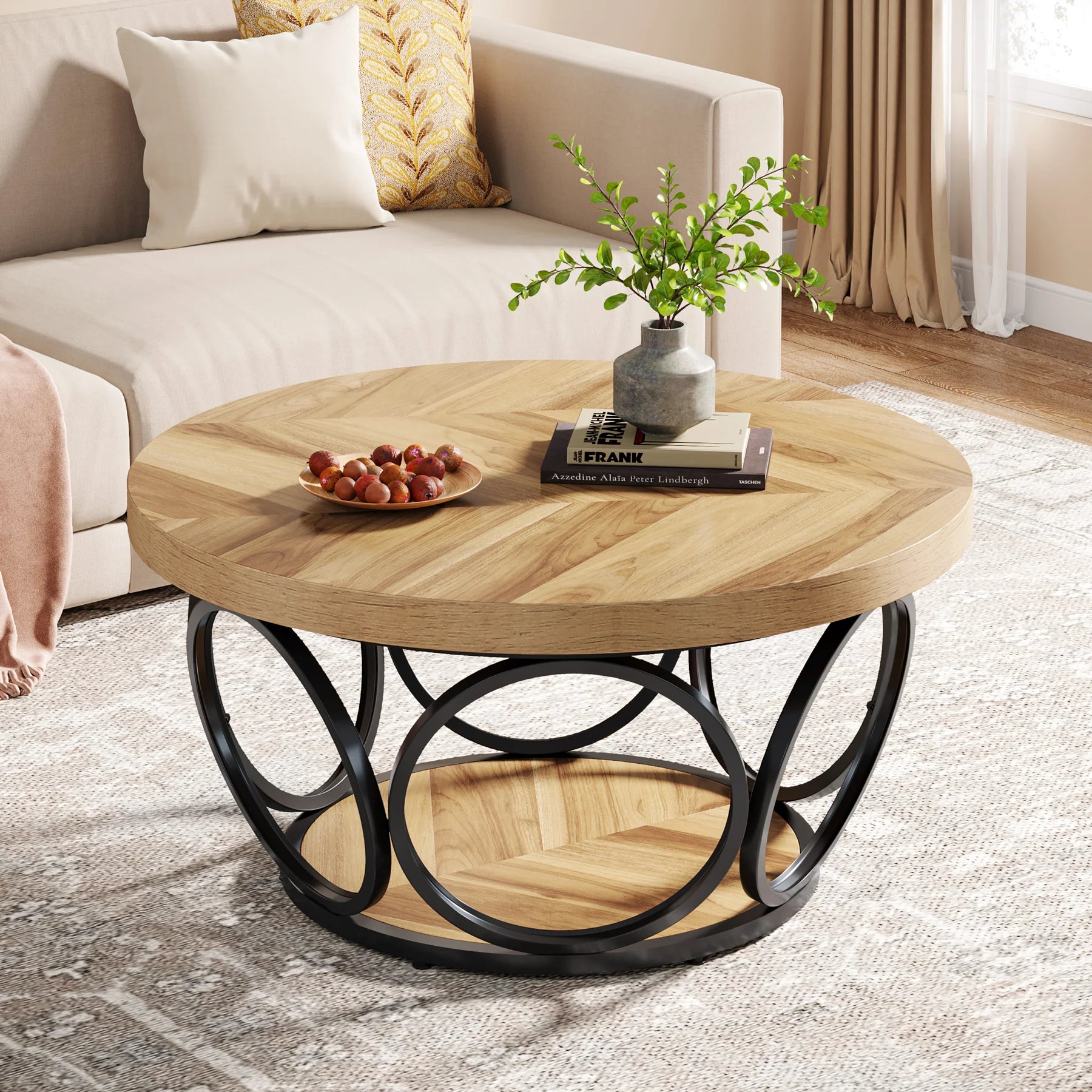 Round Coffee Table, Industrial 2-Tier Circle