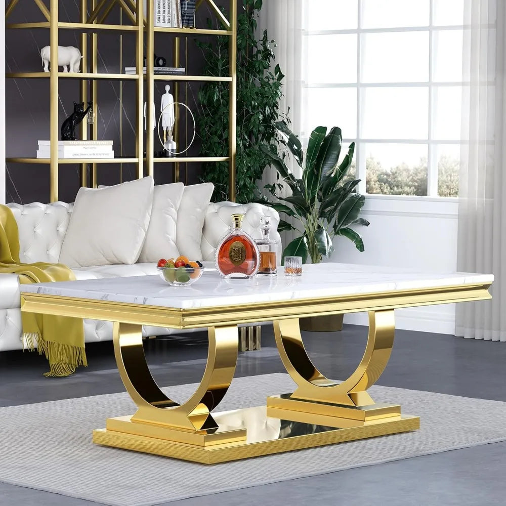 Marble Coffee Table with Gold Stainless Steel Pedestal