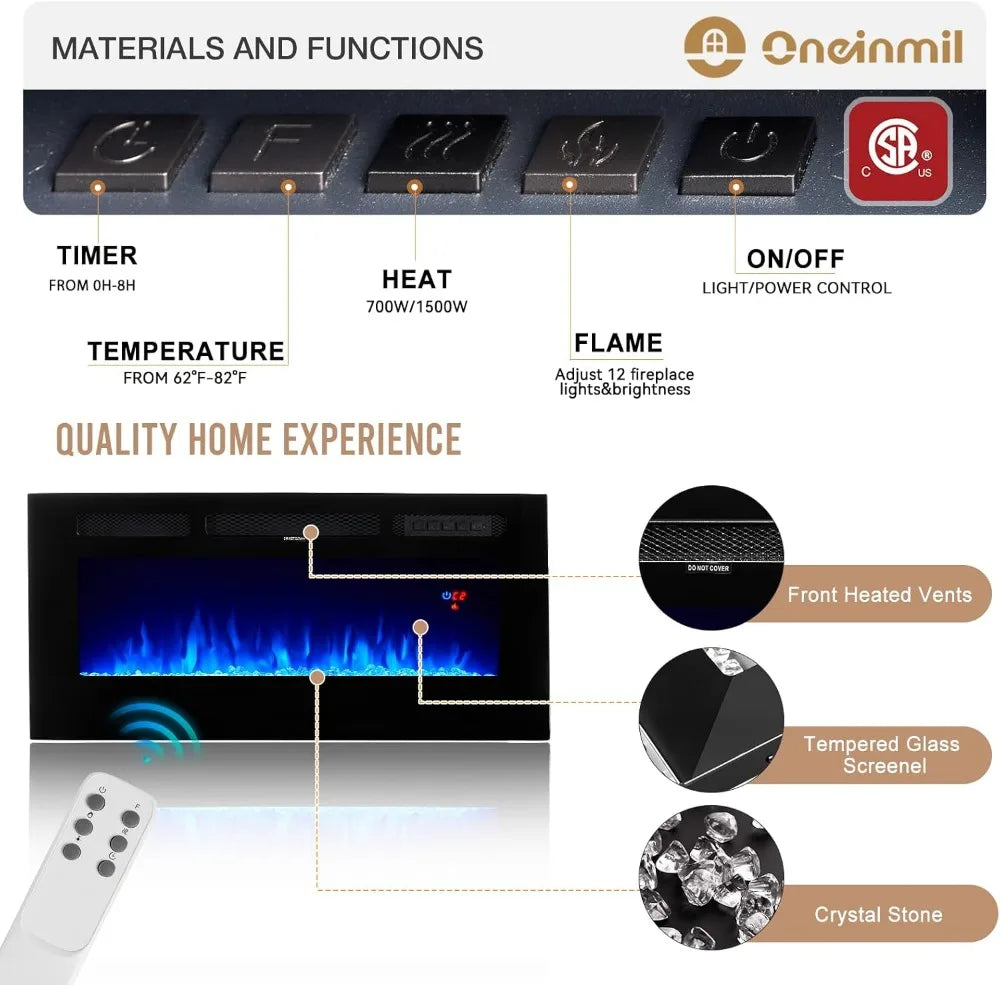 36" Electric Fireplace TV Stand with LED Lights