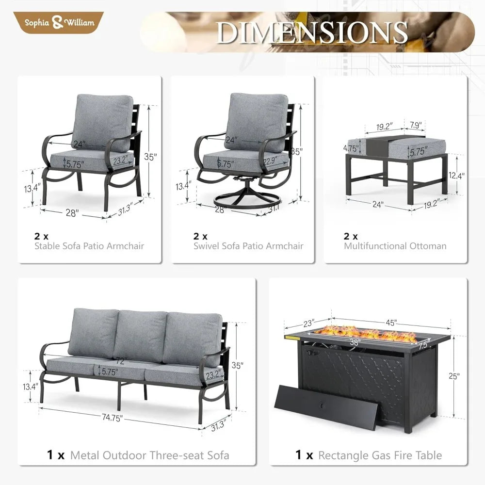 Aluminum Patio Furniture Set with Fire Pit Table, 9 Seats
