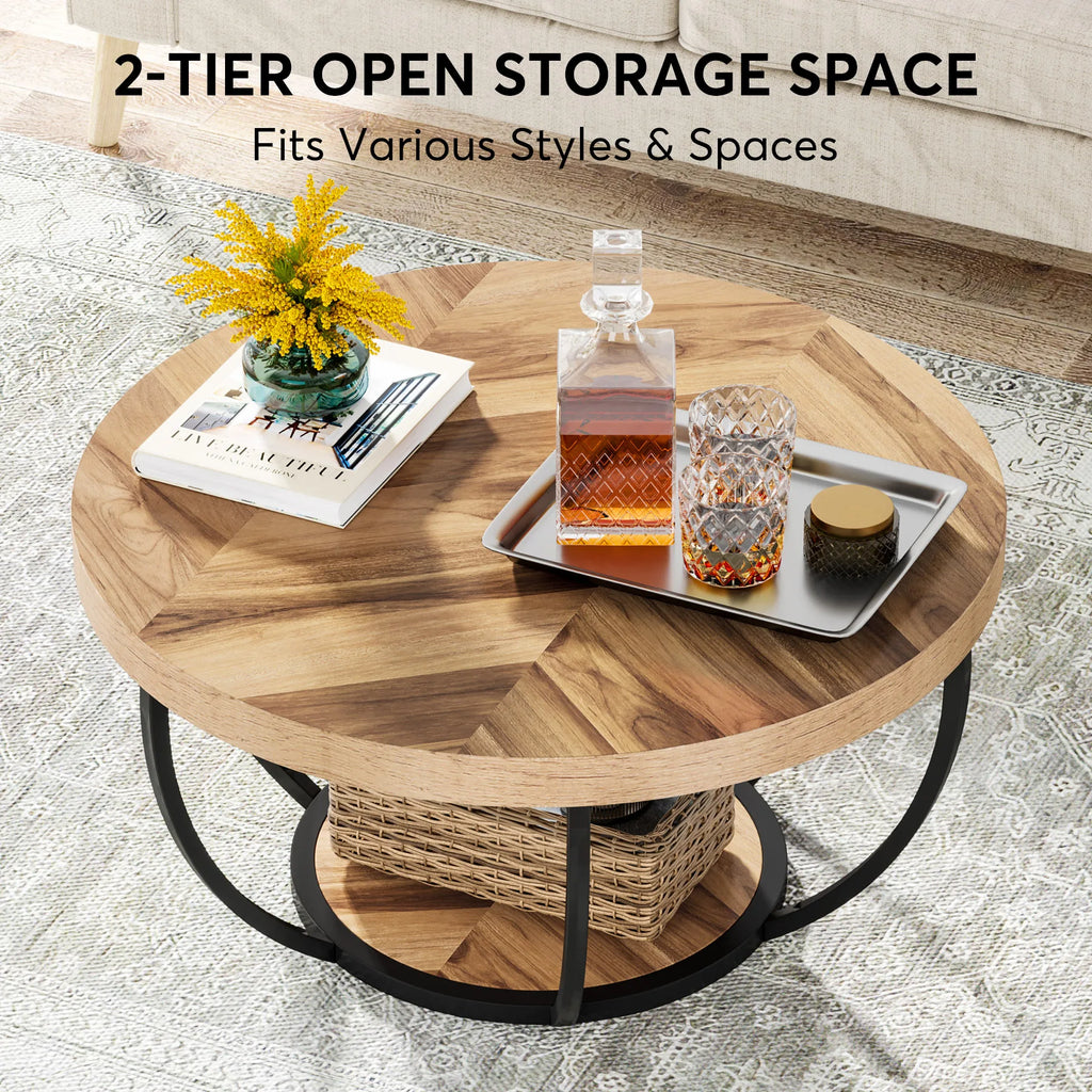 Round Coffee Table, Industrial 2-Tier Circle