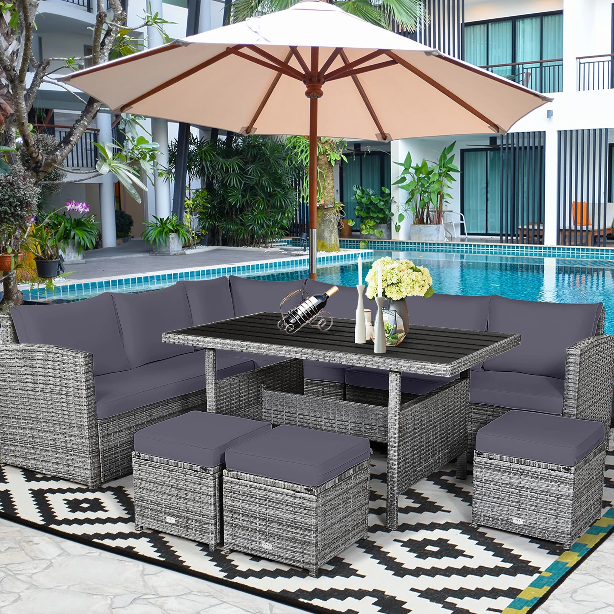 7 PCS Patio Rattan Dining Set Sectional Sofa Couch