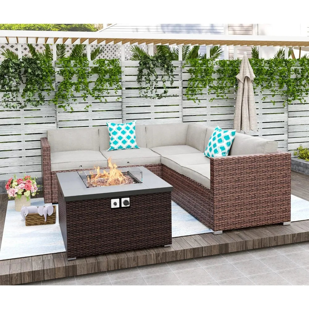 Patio Furniture Sectional Sofa w Fire Pit Table,