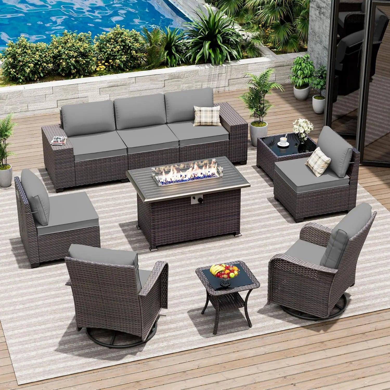 10 Pieces Patio Furniture Set with 2 Swivel Chairs