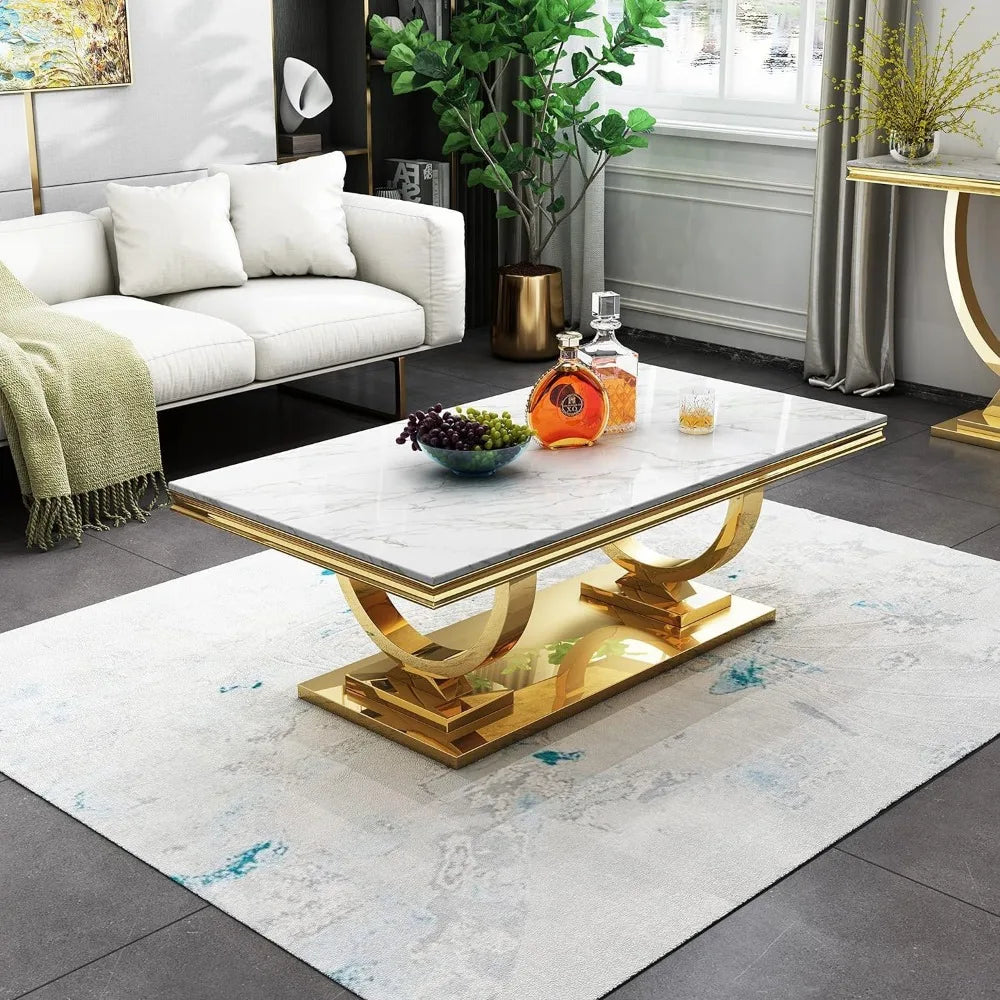 Marble Coffee Table with Gold Stainless Steel Pedestal