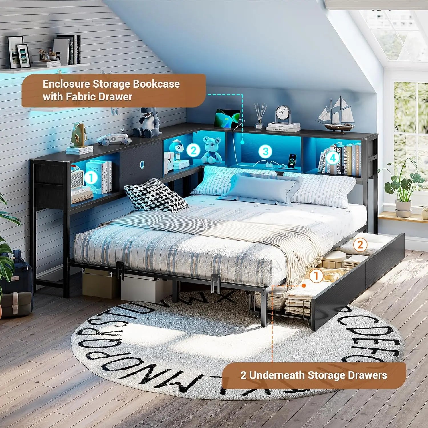 Corner Bed Frame with Storage Drawers with Charging Station