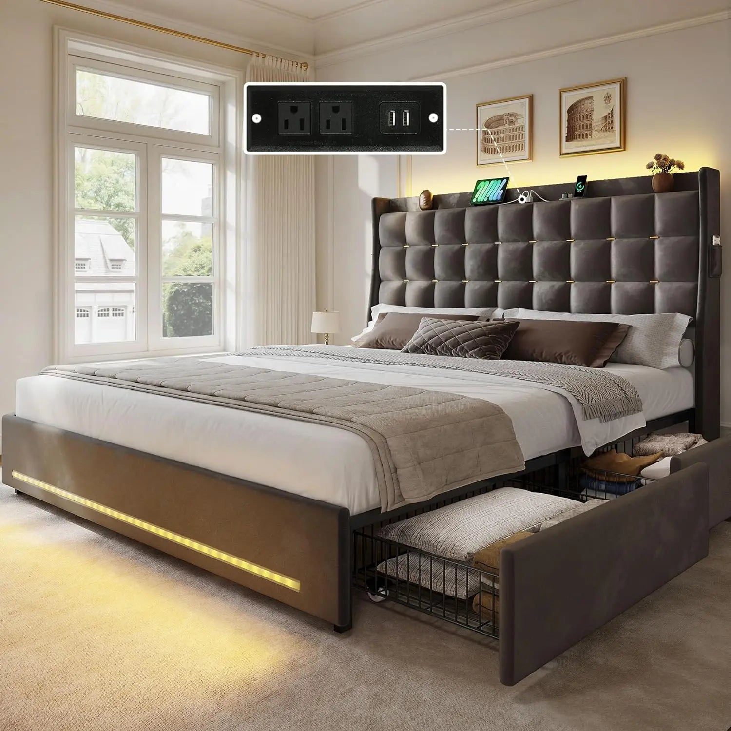 Queen/king Bed Frame with LED Lights 4 Drawers,