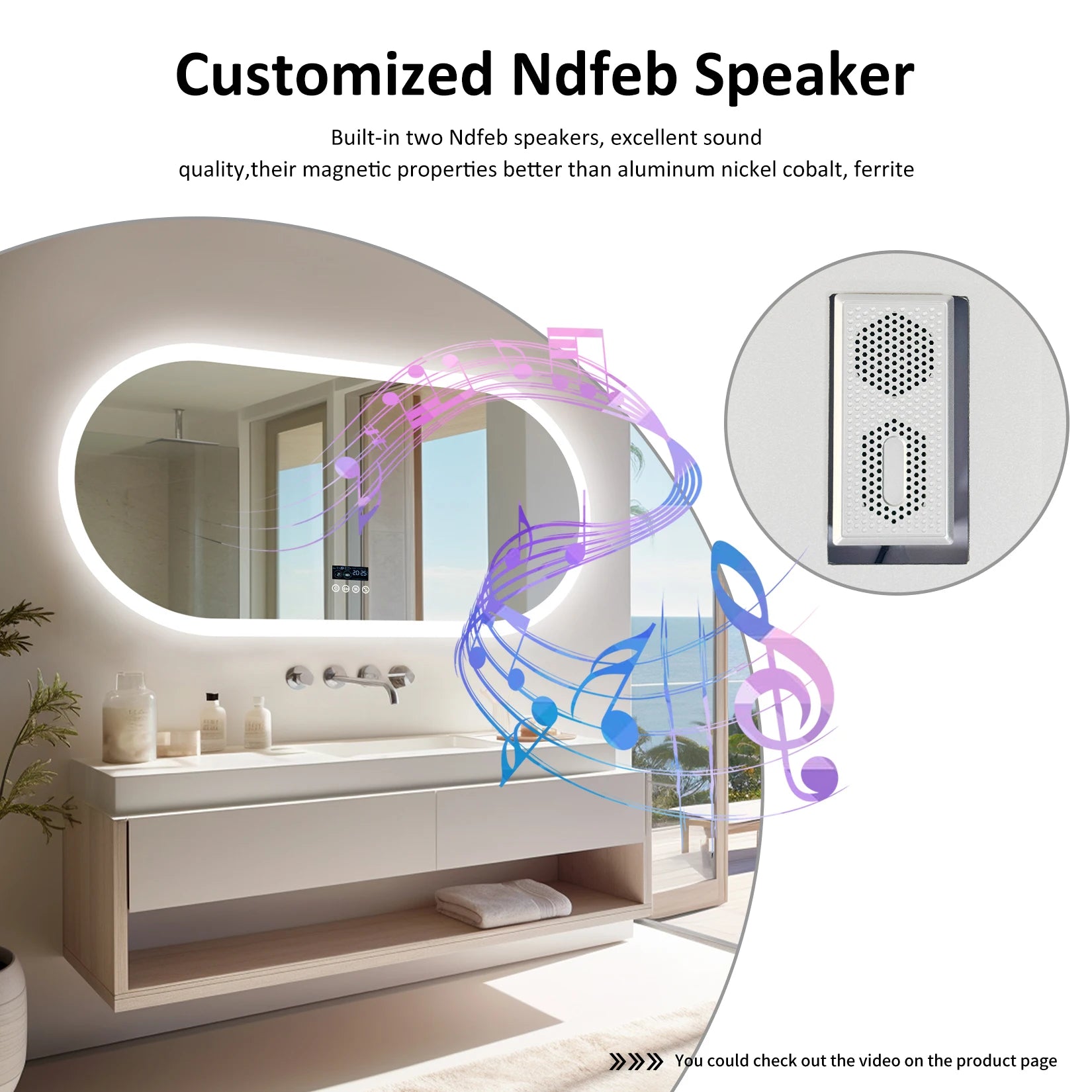 LED Bathroom Mirror, Wall-Mounted with Bluetooth Speaker