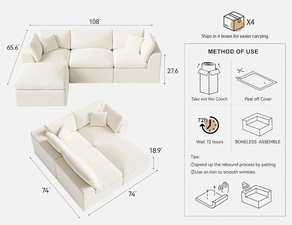 Cloud Sectional Couches for Living Room | 108 Inch L-Shaped