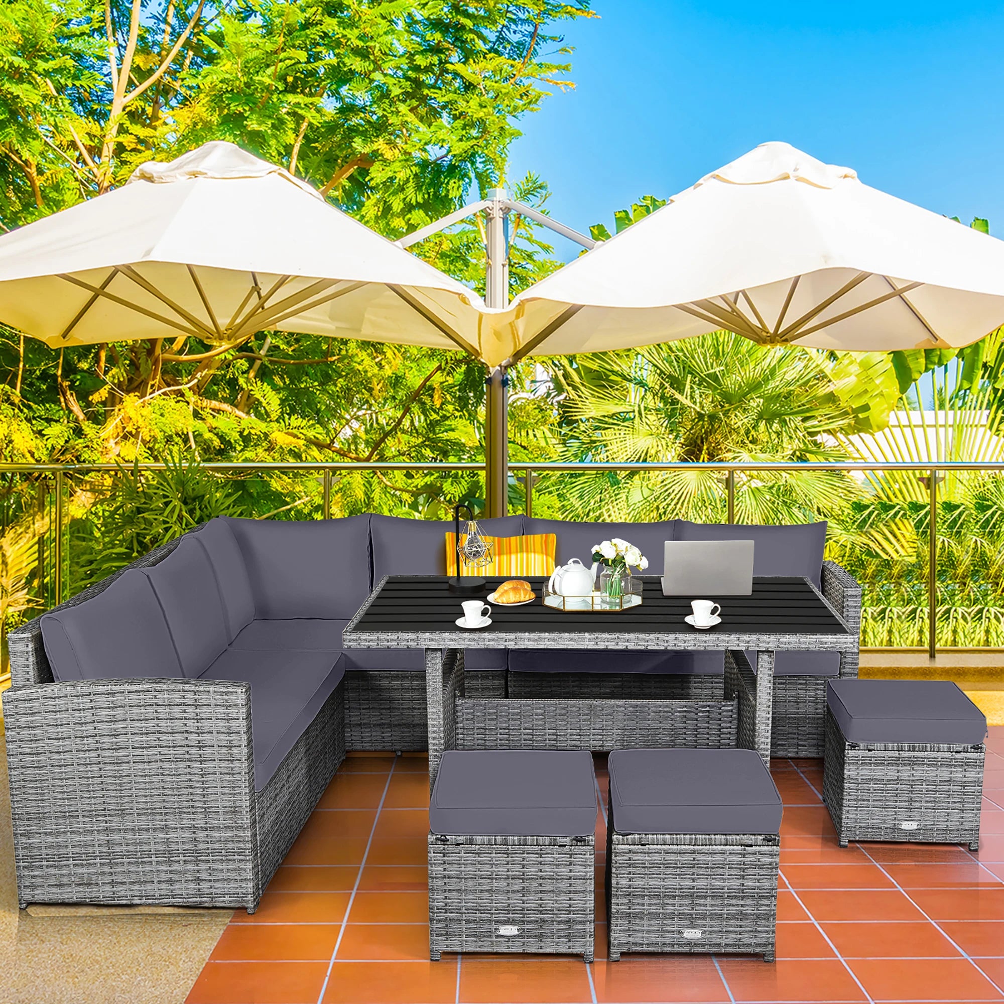 7 PCS Patio Rattan Dining Set Sectional Sofa Couch