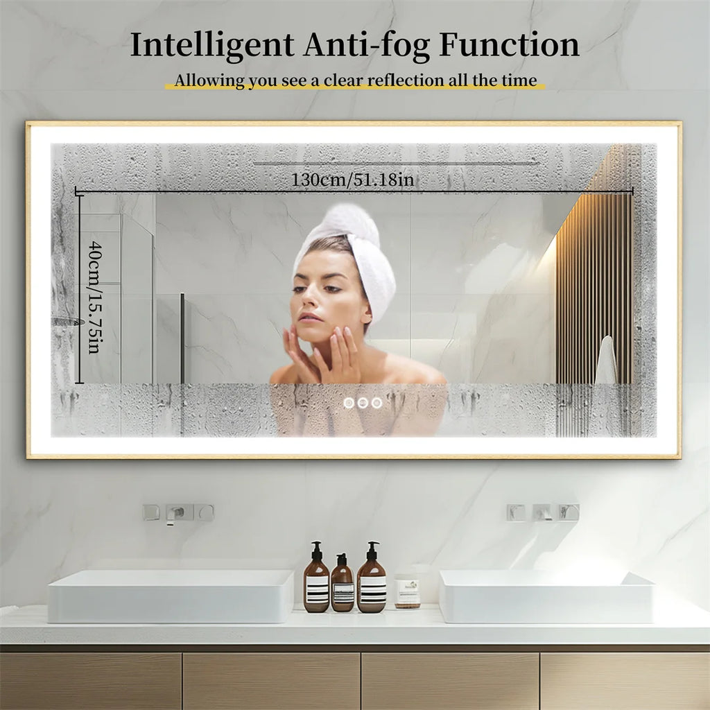 I Large Gold Framed Bathroom Mirror Fogless Smart Touch