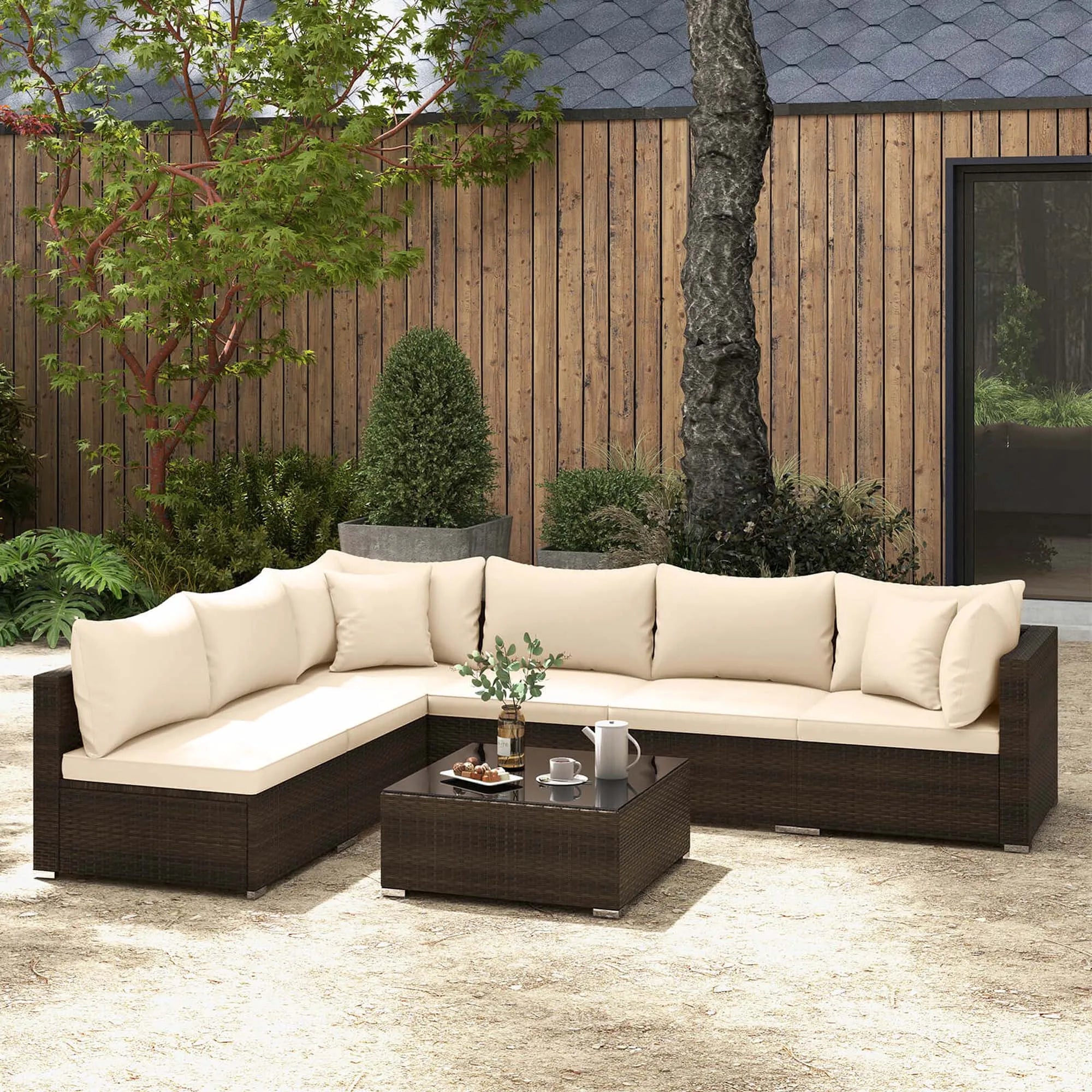 7 PCS Patio Rattan Furniture Set Sectional Sofa