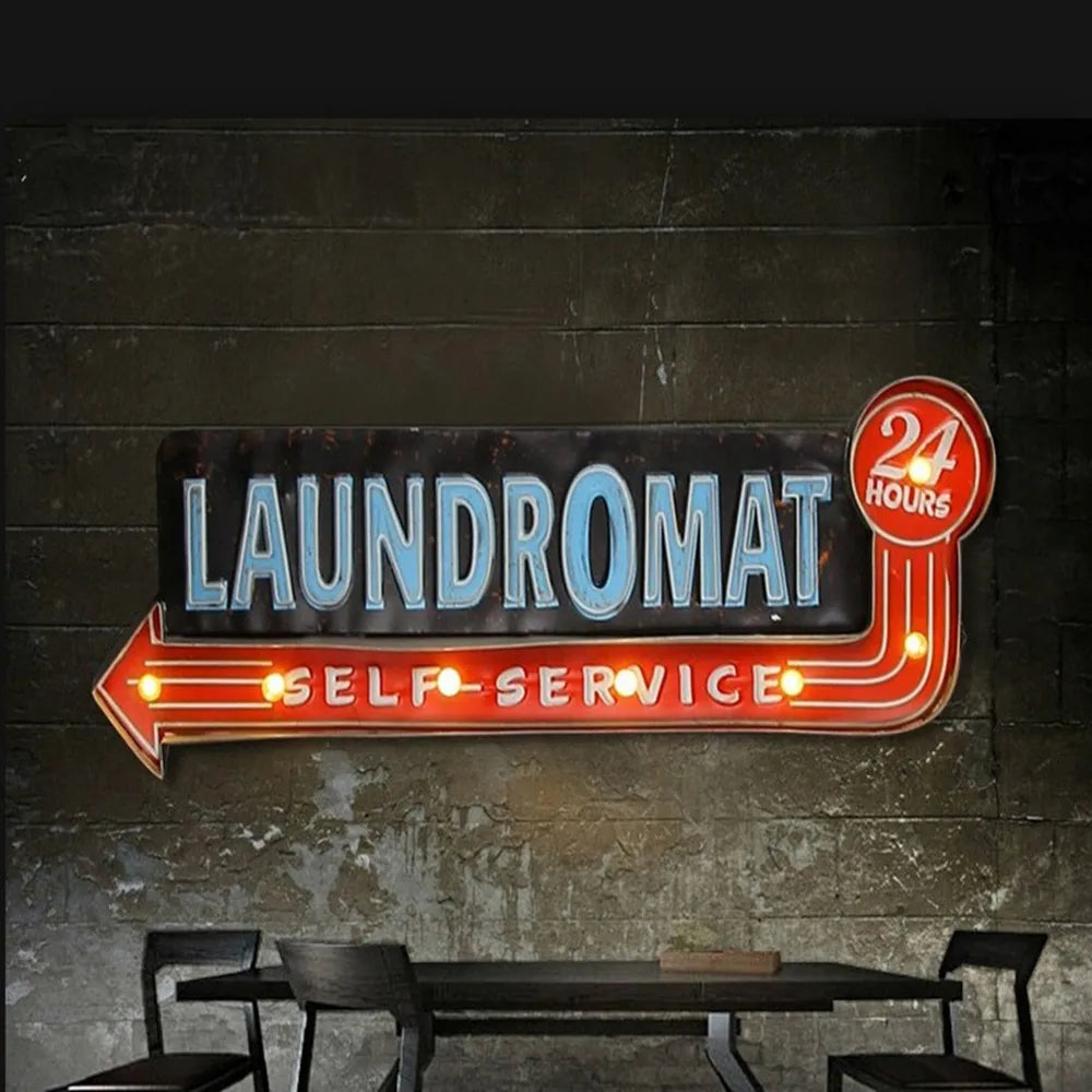 Vintage LED Light Metal Hanging Sign LAUNDROMAT