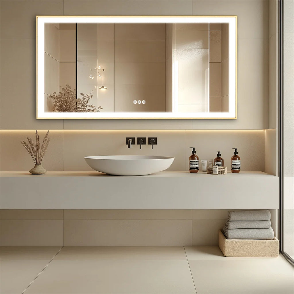 I Large Gold Framed Bathroom Mirror Fogless Smart Touch