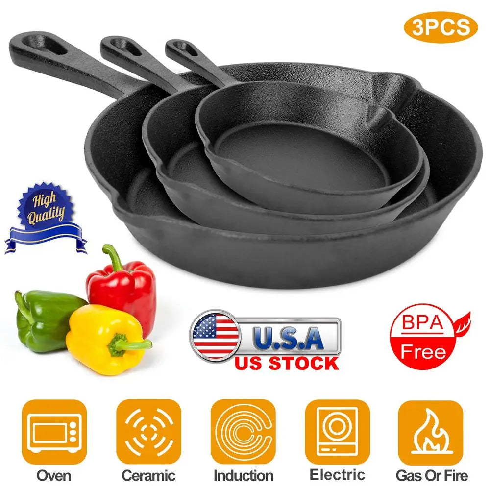 3Pcs Pre-Seasoned Cast Iron Skillet Set 6/8/10in
