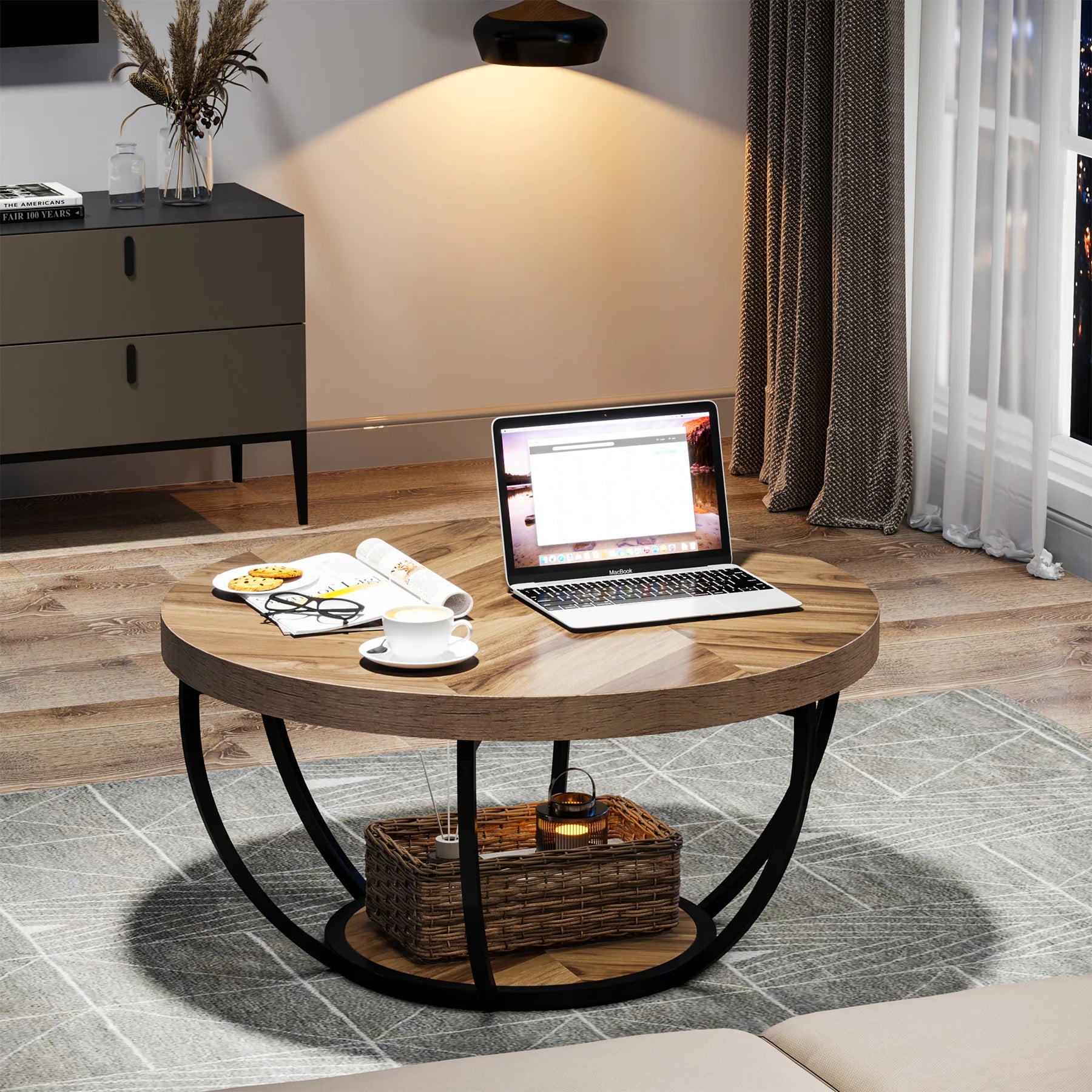 Round Coffee Table, Industrial 2-Tier Circle