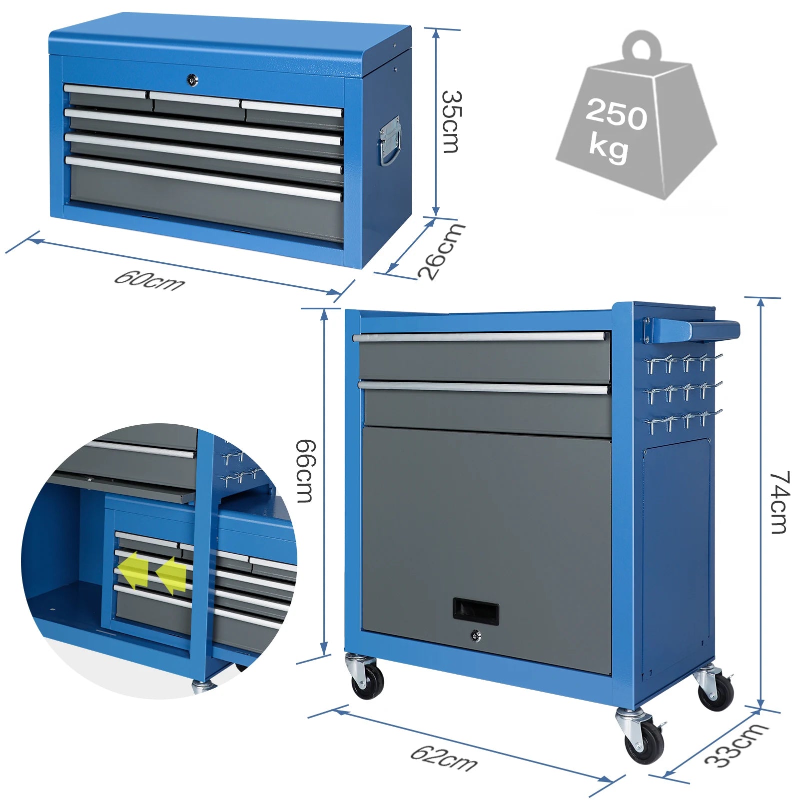 Tool Chest on Wheels with Removable Drawer Organizer