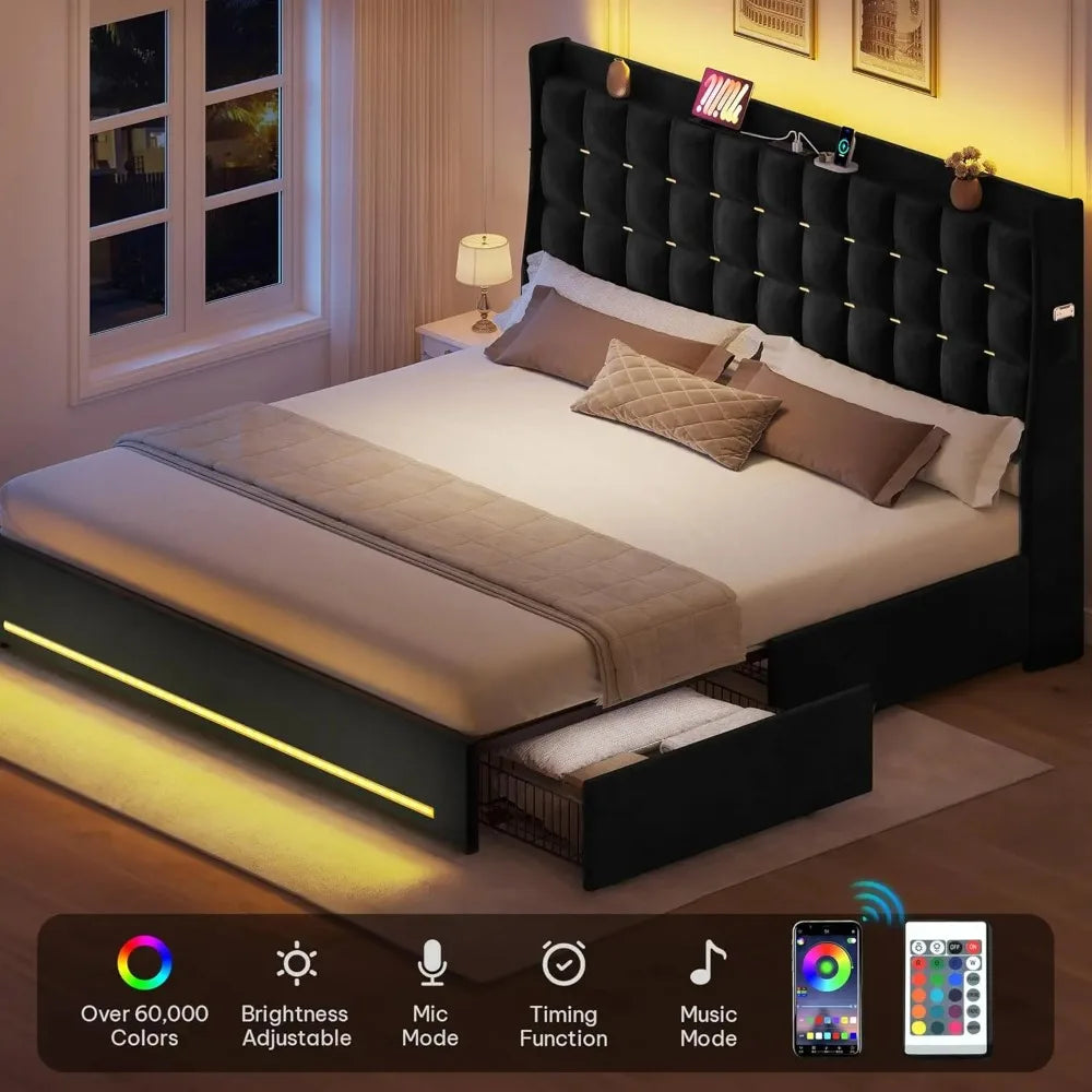 Queen/king Bed Frame with LED Lights 4 Drawers,
