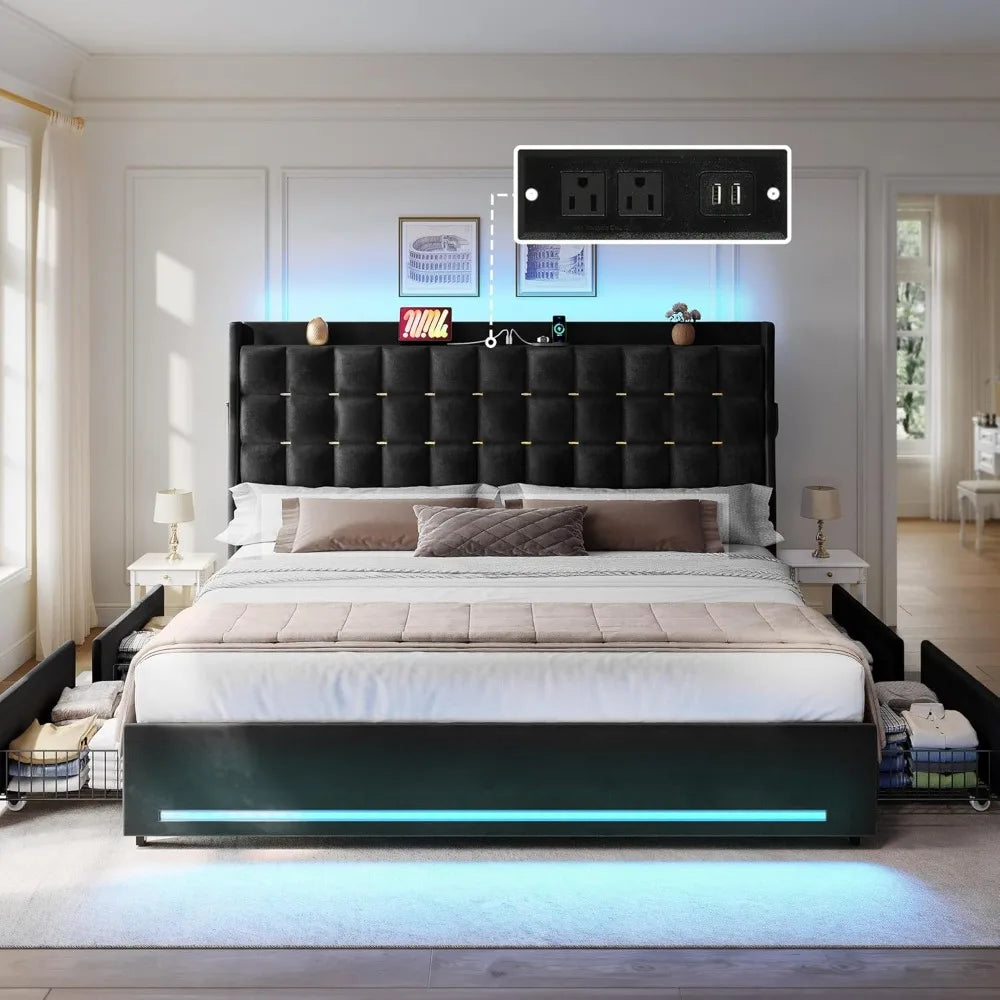 Queen/king Bed Frame with LED Lights 4 Drawers,